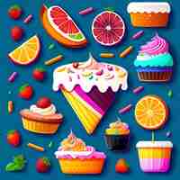 Gratis foto een kleurrijke illustratie van verschillende cupcakes en een aardbei.