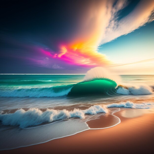 Een kleurrijke lucht wordt weerspiegeld in het water en de oceaan is zichtbaar.