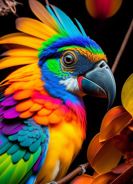 Een kleurrijke papegaai met een zwarte achtergrond en een zwarte achtergrond.