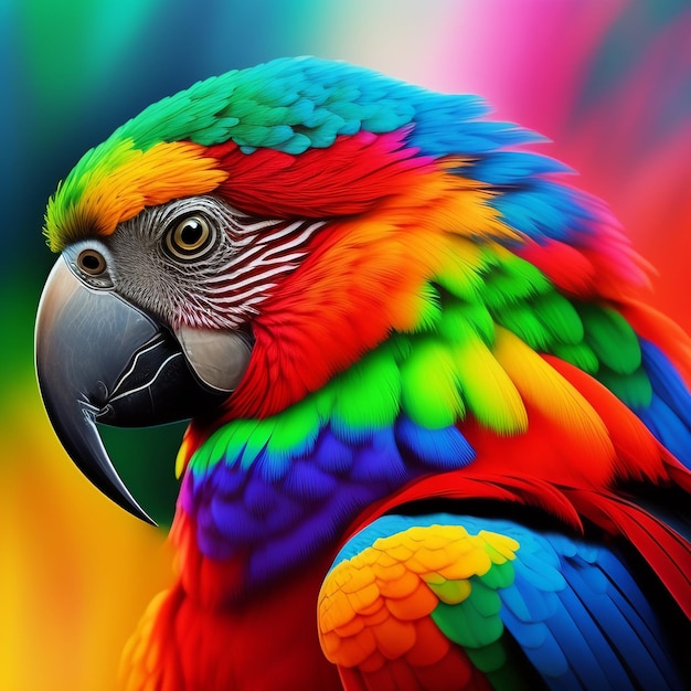 Een kleurrijke papegaai met een zwarte snavel en gele ogen.