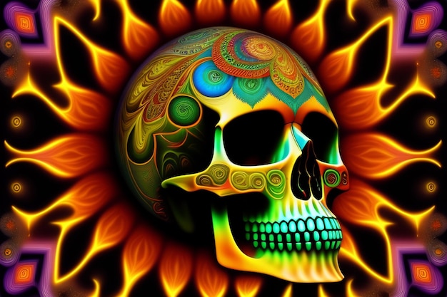 Gratis foto een kleurrijke schedel met een vlamontwerp erop