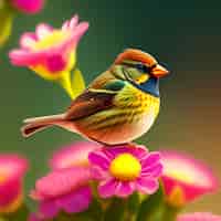 Gratis foto een kleurrijke vogel met een gele snavel zit op een roze bloem.
