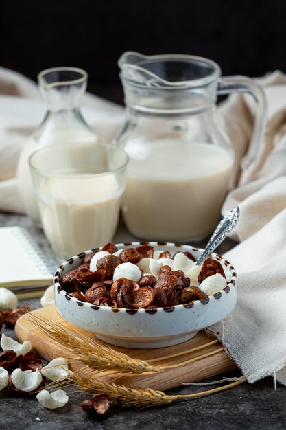 Een kom ontbijtgranen, granen met chocoladesmaak gemengd met melk als ontbijt.