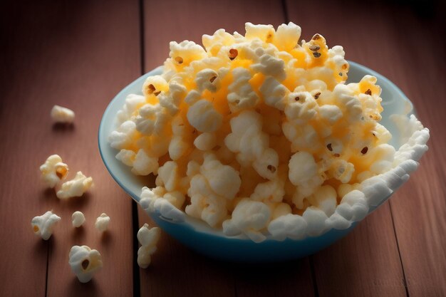 Een kom popcorn op een houten tafel