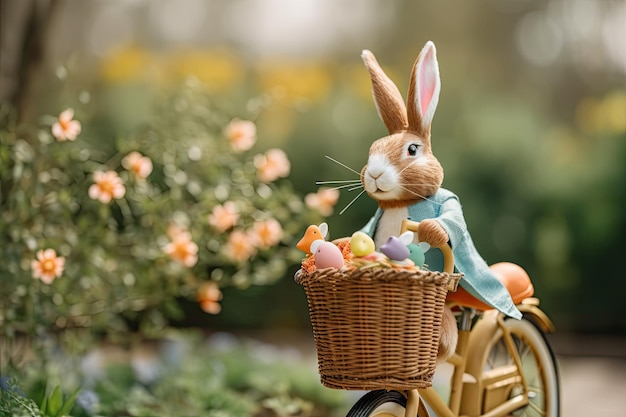 Gratis foto een konijn op een fiets met een mandje paaseieren