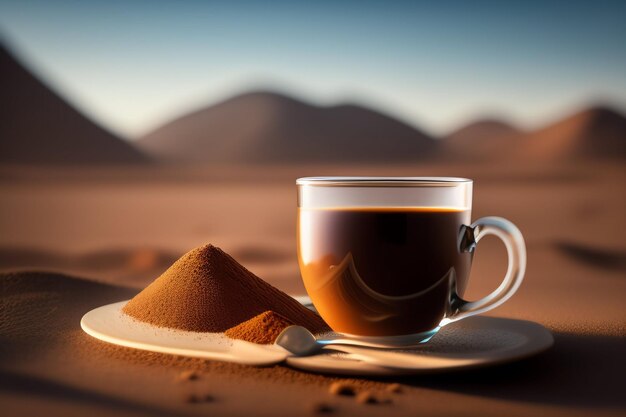 Een kopje koffie staat op een bord met op de achtergrond een woestijnlandschap.
