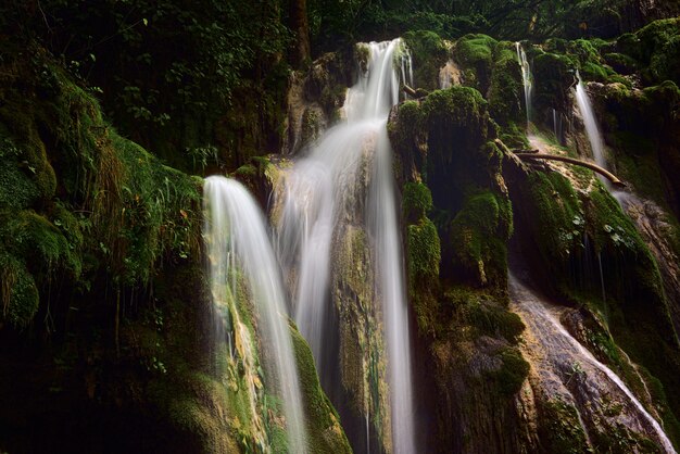 een krachtige waterval in een bos in de buurt van bemoste rotsformaties