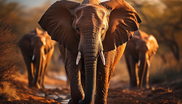 Gratis foto een kudde olifanten graast in de rustige afrikaanse wildernis bij zonsondergang gegenereerd door kunstmatige intelligentie