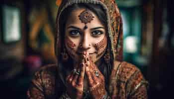 Gratis foto een lachende indiase vrouw in traditionele kleding viert de hindoeïstische spiritualiteit gegenereerd door ai