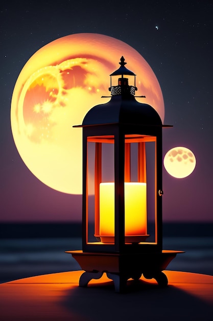 Een lantaarn met de maan op de achtergrond