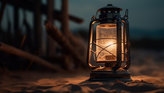 Een lantaarn op een strand 's nachts met het licht aan.