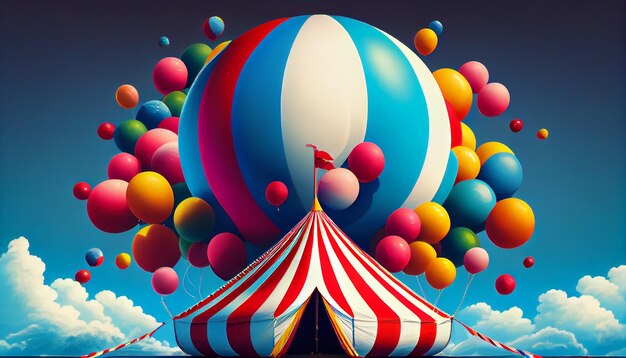 Een leuke kleurrijke illustratie van een heteluchtballon die over een gestreepte achtergrond vliegt, gegenereerd door AI
