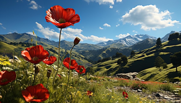 Gratis foto een levendige weide bloeit met wilde bloemen die de majestueuze schoonheid van de natuur schilderen, gegenereerd door kunstmatige intelligentie