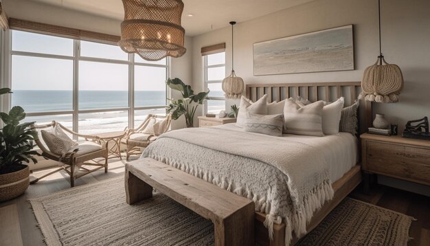 Een luxe moderne slaapkamer met comfortabel beddengoed en een elegante inrichting gegenereerd door AI