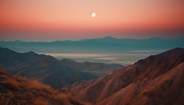 Een majestueuze bergketen bij zonsopgang, een rustige scène gegenereerd door AI