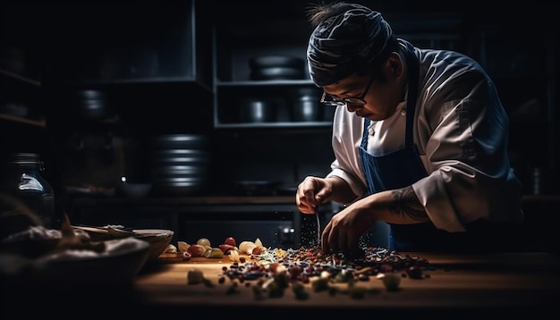 Een man bereidt een zelfgemaakt dessert in de keuken, gegenereerd door AI