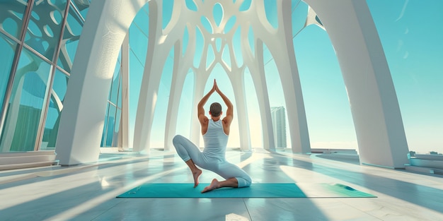 Een man die mindfulness en yoga beoefent in een fantasieomgeving