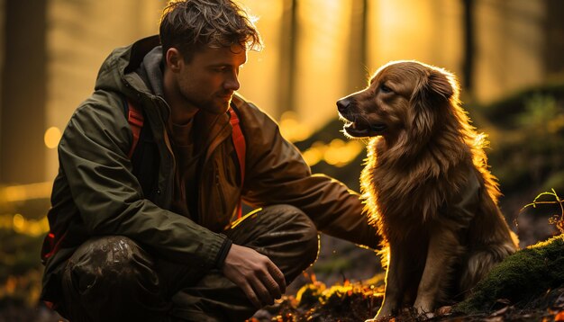 Een man en zijn hond genieten van een speelse herfstdag gegenereerd door kunstmatige intelligentie