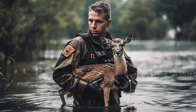 Gratis foto een man en zijn hond in herfstbos gegenereerd door ai