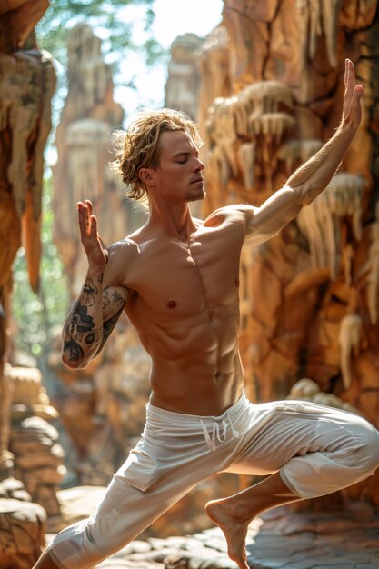 Een man in een fantasie-omgeving die yoga en mindful meditatie beoefent