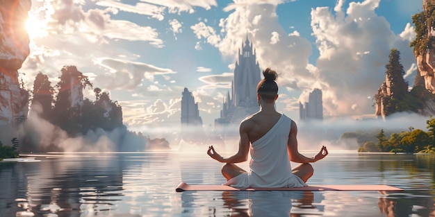 Gratis foto een man in een fantasie-omgeving die yoga en mindful meditatie beoefent
