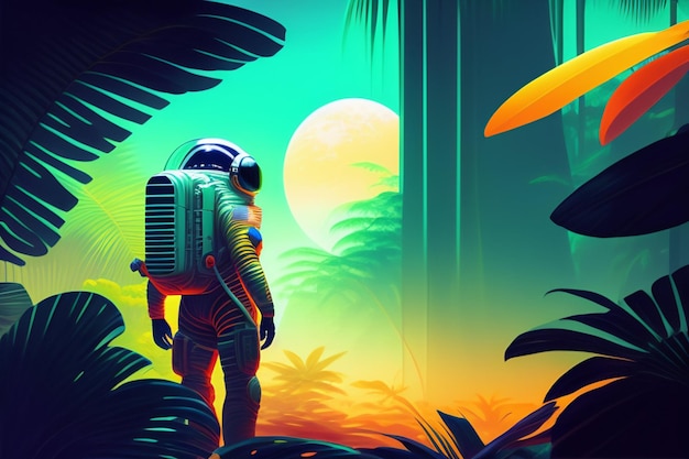 Gratis foto een man in een ruimtepak loopt door een jungle met op de achtergrond een grote gele vogel.
