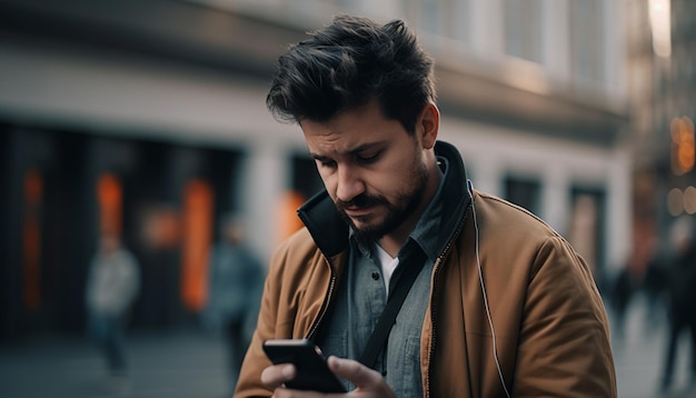 Een man kijkt naar zijn telefoon terwijl hij een bruin jasje draagt.