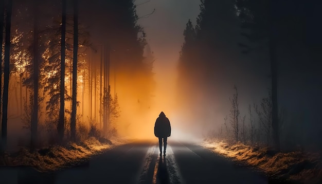Een man loopt langs een weg in een bos in mist uitzicht vanaf de achterkant Generative Al
