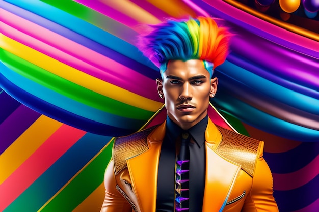 Gratis foto een man met een regenboogkapsel staat voor een kleurrijke achtergrond.