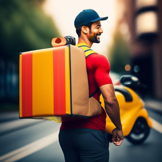 Een man met een rood shirt en een gele doos op zijn rug loopt door de straat.