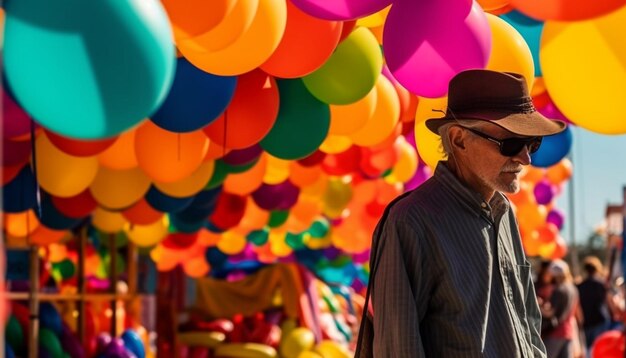 Gratis foto een man met kleurrijke ballonnen glimlachend vrolijk gegenereerd door ai