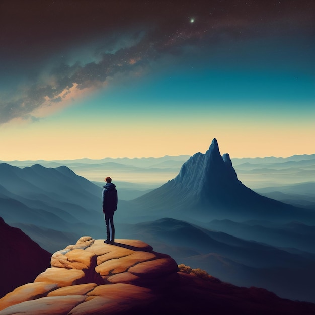 Een man staat op een klif en kijkt naar de bergen.
