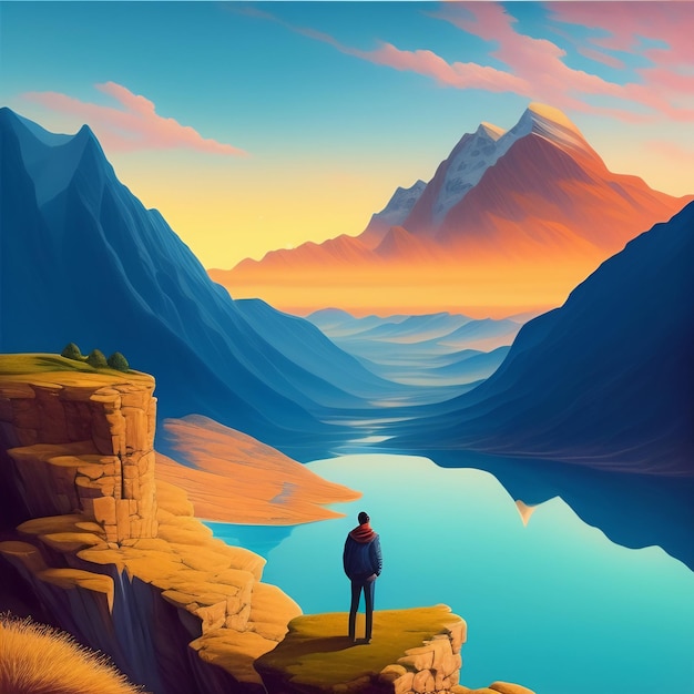 Gratis foto een man staat op een klif en kijkt naar een bergketen.
