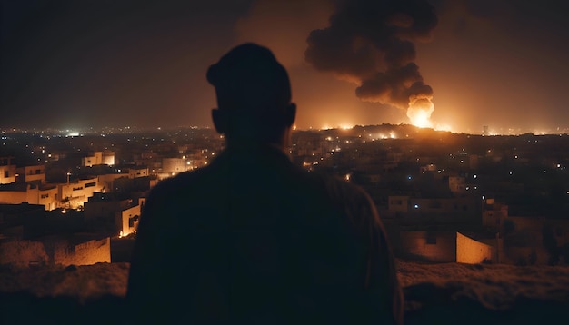 Een man staat voor een brandend huis en kijkt naar de stad.