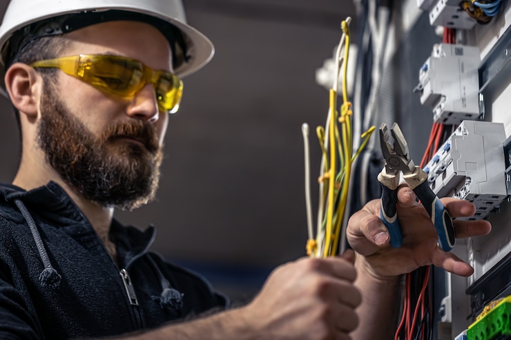 Gratis Foto een mannelijke elektricien werkt in een schakelbord met een elektrische verbindingskabel