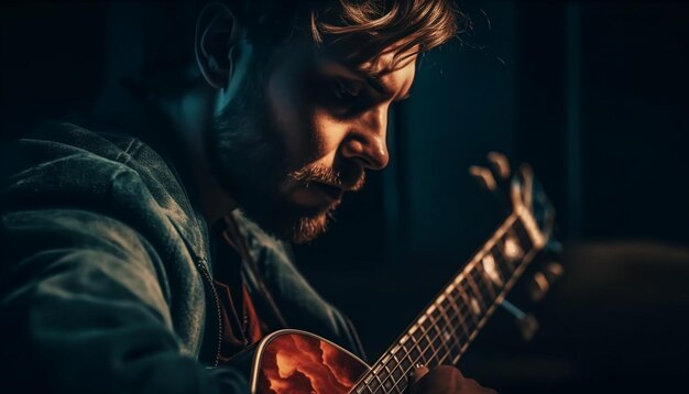 Een mannelijke gitarist die live akoestische rockmuziek speelt, gegenereerd door AI