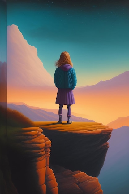 Een meisje staat op een klif en kijkt naar de bergen.