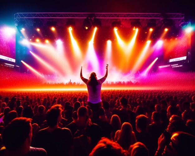 Een menigte mensen in een concert met een podium waarop 'het woord live' staat