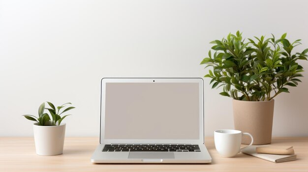 Een minimalistisch wit bureau met een laptop-koffiemok en notitieboekje