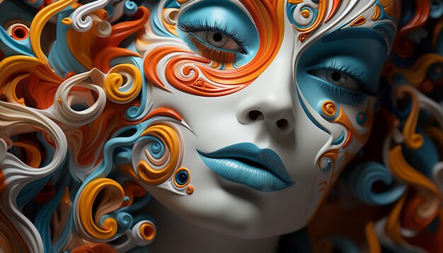 Een mooi vrouwengezicht versierd met een kleurrijk mysterieus masker gegenereerd door kunstmatige intelligentie