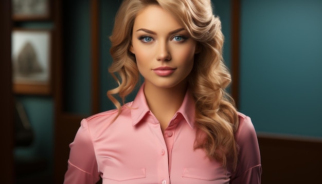Gratis foto een mooie jonge vrouw met krullend blond haar kijkt naar een camera gegenereerd door kunstmatige intelligentie.