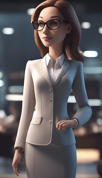 Gratis foto een mooie jonge zakenvrouw met een bril en een pak staat in het kantoor.
