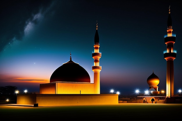 Gratis foto een moskee in de nacht met een maan erachter