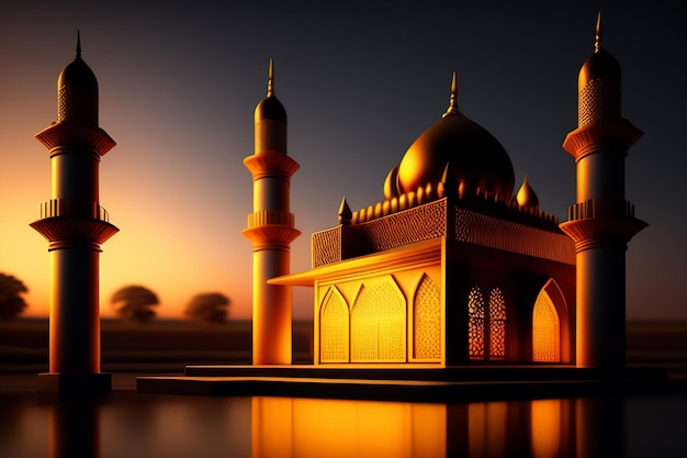Een moskee met een gouden achtergrond en de woorden ramadan erop
