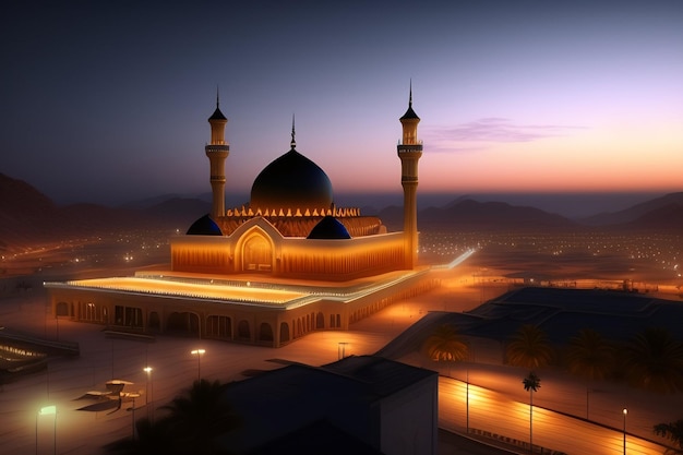 Gratis foto een moskee met een verlichte oranje koepel en de woorden grote moskee in het midden.