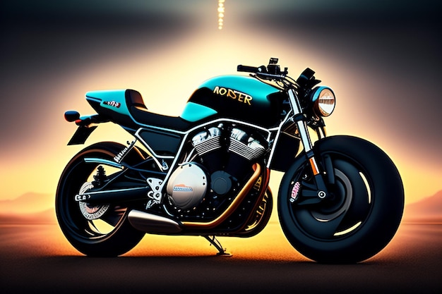 Een motorfiets die blauw en zwart is met het woord motorrijder erop