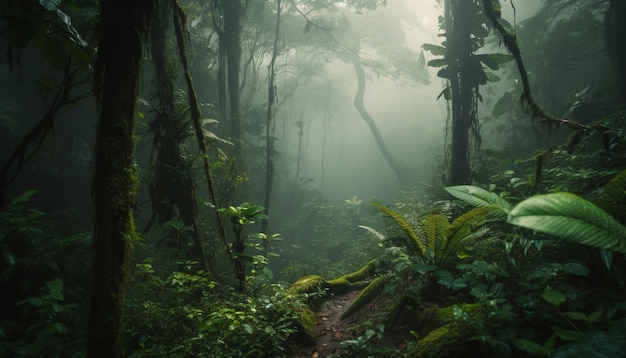 Gratis foto een mysterieuze mist omhult het spookachtige bos dat door ai is gegenereerd