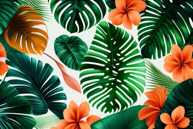 Een naadloos patroon met tropische bladeren en bloemen