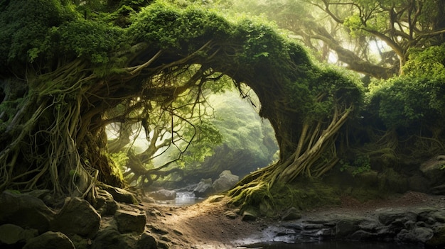 Een netwerk van oude wijnstokken die natuurlijke bruggen vormen tussen torenhoge bomen