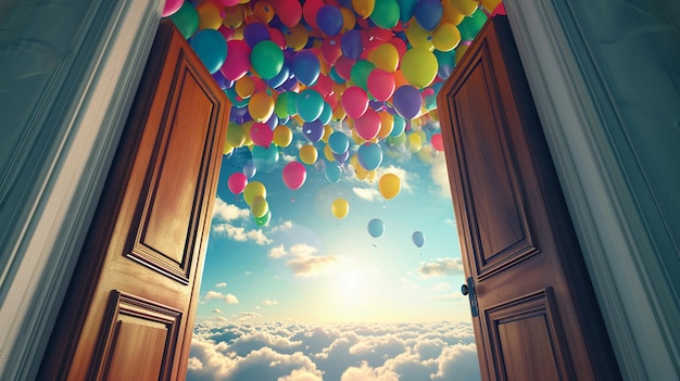 Gratis foto een open houten deur waardoor ballonnen naar buiten komen